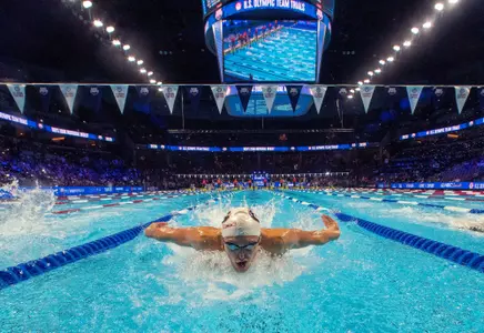 Jun 17, 2021; Omaha, Nebraska, USA; Zach Hils swims in the Men?s 200m IM prelims during the U.S. Olympic Team Trials Swimming competition at CHI Health Center Omaha. Mandatory Credit: Rob Schumacher-USA TODAY Sports