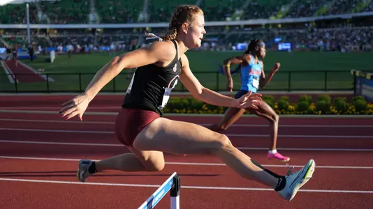 Jun 6, 2024; Eugene, OR, USA; Zoe Pollock of Georgia runs in a women's 400m hurdles heat during the NCAA Track and Field Championships at Hayward Field. Mandatory Credit: Kirby Lee-USA TODAY Sports