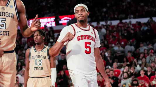 Georgia center Frank Anselem-Ibe (5) during Georgia’s game against Georgia Tech at Stegeman Coliseum in Athens, Ga., on Tuesday, Dec. 5, 2023. (Tony Walsh/UGAAA)