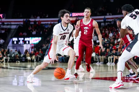 Georgia guard RJ Sunahara (10) during Georgia’s game against Arkansas at Stegeman Coliseum in Athens, Ga., on Wednesday, Jan. 10, 2024. (Kari Hodges/UGAAA)