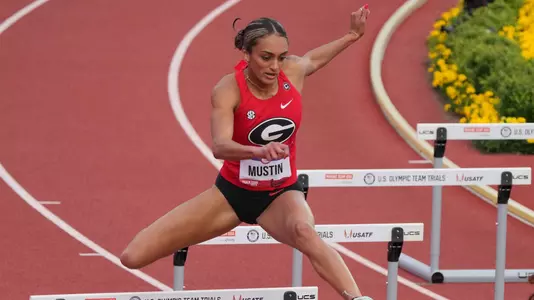 Jun 27, 2024; Eugene, OR, USA; Dominique Mustin of Georgia places fourth in women's 400m hurdles heat in 56.70 during the US Olympic Team Trials at Hayward Field