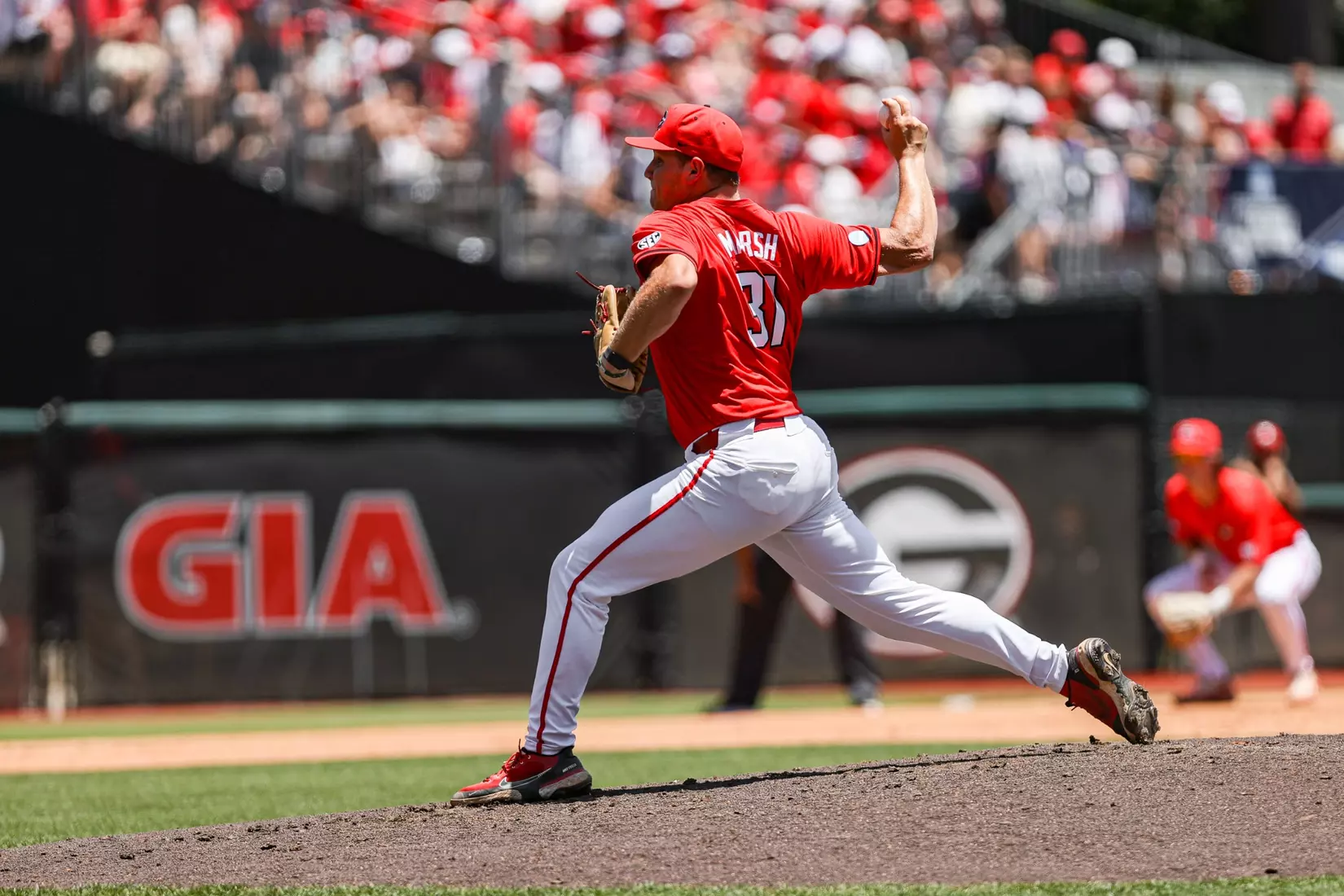Georgia pitcher Chandler Marsh (31) during Georgia’s game against NC State at the NCAA Athens Super Regional at Foley Field in Athens, Ga., on Saturday, June 8, 2024. (Kari Hodges/UGAAA)