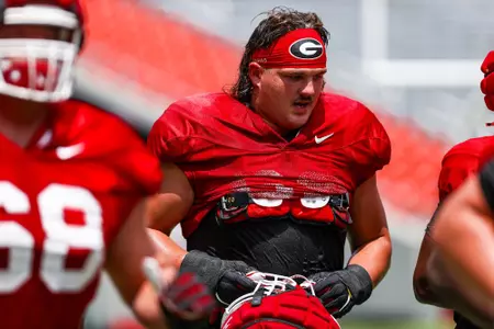 Georgia offensive lineman Tate Ratledge (69) during Georgia’s scrimmage on Dooley Field at Sanford Stadium in Athens, Ga., on Saturday, Aug. 12, 2023. (Tony Walsh/UGAAA)