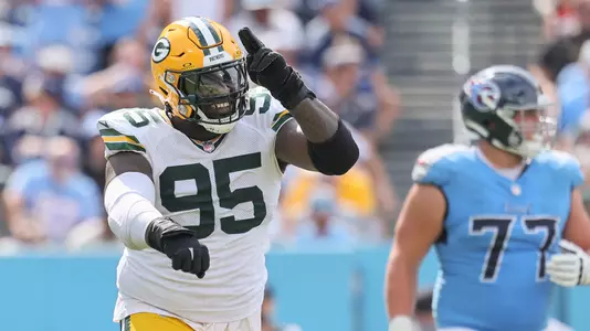 NASHVILLE, TENNESSEE - SEPTEMBER 22: Devonte Wyatt #95 of the Green Bay Packers celebrates against the Tennessee Titans during the fourth quarter at Nissan Stadium on September 22, 2024 in Nashville, Tennessee. (Photo by Andy Lyons/Getty Images)