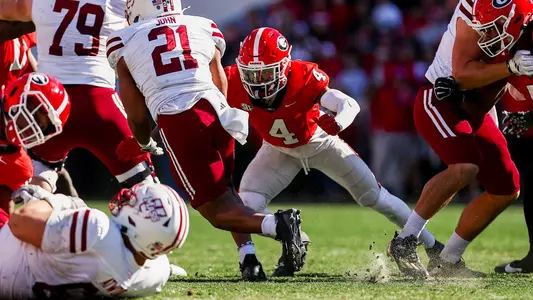 Georgia defensive back KJ Bolden (4) during Georgia’s game against UMass on Dooley Field at Sanford Stadium in Athens, Ga., on Saturday, Nov. 23, 2024. (Conor Dillon/UGAAA)