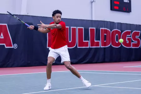 Sophomore Niels Ratiu during a singles match against Mercer on Saturday, Jan. 18, 2025 in the Lindsey Hopkins Indoor Facility.