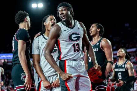 Georgia forward Dylan James (13) during Georgia’s game against South Carolina at Stegeman Coliseum in Athens, Ga., on Tuesday, Jan. 28, 2025. (Conor Dillon/UGAAA)
