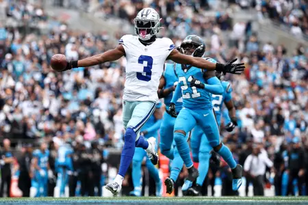 CHARLOTTE, NORTH CAROLINA - OCTOBER 12: George Pickens #3 of the Dallas Cowboys runs for a touchdown during the third quarter against the Carolina Panthers in the game at Bank of America Stadium on October 12, 2025 in Charlotte, North Carolina. (Photo by Jared C. Tilton/Getty Images)