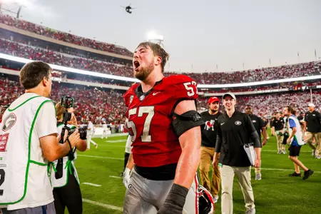 Junior offensive lineman Monroe Freeling after Georgia's win over Ole Miss on Saturday, October 18, 2025 on Dooley Field at Sanford Stadium in Athens, Georgia.