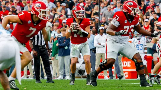 Georgia quarterback Gunner Stockton (14) during Georgia’s game against Ole Miss on Dooley Field at Sanford Stadium in Athens, Ga., on Saturday, Oct. 18, 2025. (Sofia Yaker/UGAAA)