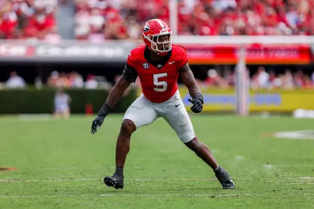 Georgia inside linebacker Raylen Wilson (5) during Georgia’s game against Kentucky at Sanford Stadium in Athens, Ga., on Saturday, Oct. 4, 2025. (Conor Dillon/UGAAA)