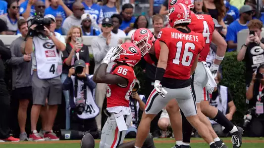 Georgia wide receiver Dillon Bell (86) celebrates after scoring a touchdown during the first half of a NCAA college football game against Kentucky in Athens, Ga., on Saturday, October 4, 2025.