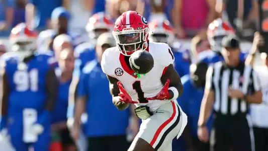 Nov 1, 2025; Jacksonville, Florida, USA; Georgia Bulldogs wide receiver Zachariah Branch (1) makes a catch in the first quarter against the Georgia Bulldogs at EverBank Stadium. Mandatory Credit: Matt Pendleton-Imagn Images