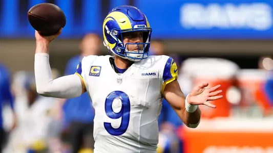 INGLEWOOD, CALIFORNIA - SEPTEMBER 07: Matthew Stafford #9 of the Los Angeles Rams throws a pass during the fourth quarter against the Houston Texans at SoFi Stadium on September 07, 2025 in Inglewood, California. (Photo by Ronald Martinez/Getty Images)