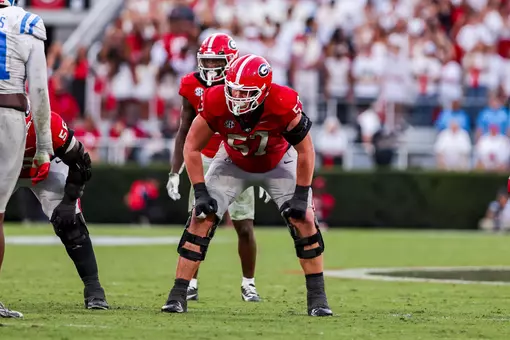 Junior offensive lineman Monroe Freeling during a game against Ole Miss on Dooley Field at Sanford Stadium on Saturday, October 18, 2025.