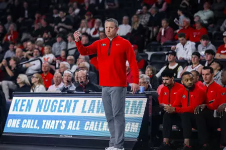 Georgia head coach Mike White during Georgia’s game against Maryland Eastern Shore at Stegeman Coliseum in Athens, Ga., on Wednesday, Nov. 5, 2025. (Gabriel Cox/UGAAA)