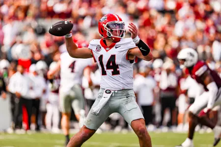 Georgia quarterback Gunner Stockton (14) during Georgia’s game against Mississippi State at Davis Wade Stadium in Starkville, Miss., on Saturday, Nov. 8, 2025. (Tony Walsh/UGAAA)