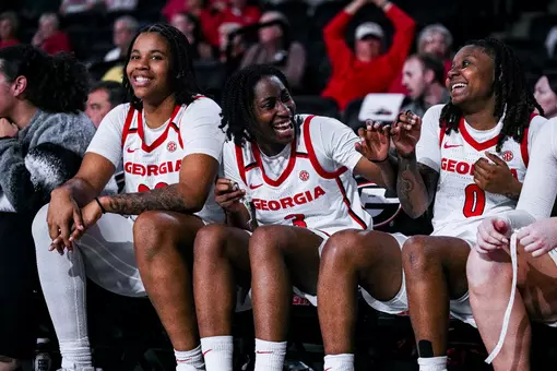 Georgia forward Mia Woolfolk (33), Georgia guard Dani Carnegie (3), Georgia guard Trinity Turner (0) during Georgia’s game against North Florida at Stegeman Coliseum in Athens, Ga., on Thursday, Nov. 20, 2025. (Tony Walsh/UGAAA)