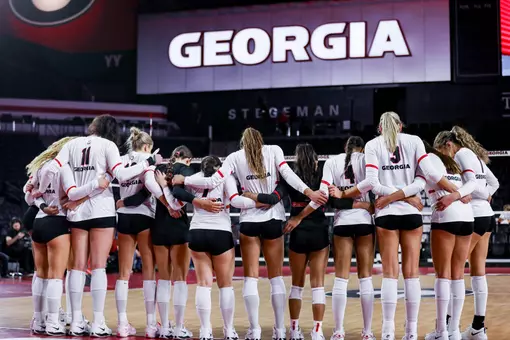 The Georgia volleyball team before Georgia’s match against Florida at Stegeman Coliseum in Athens, Ga., on Friday, Oct. 31, 2025. (Gabriel Cox/UGAAA)