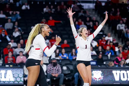 Georgia outside hitter Bianna Muoneke (13), Georgia middle blocker Tori Harper (1) during Georgia’s match against Florida at Stegeman Coliseum in Athens, Ga., on Friday, Oct. 31, 2025. (Gabriel Cox/UGAAA)