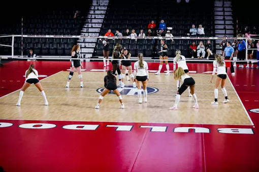 Georgia outside hitter Olivia Borgman (2), Georgia libero and defensive specialist Makena Lim (5), Georgia setter Chloe Elarton (12), Georgia outside hitter Bianna Muoneke (13), Georgia middle blocker and opposite hitter MK Patten (3), Georgia middle blocker Tori Harper (1) during Georgia’s match against Florida at Stegeman Coliseum in Athens, Ga., on Friday, Oct. 31, 2025. (Gabriel Cox/UGAAA)