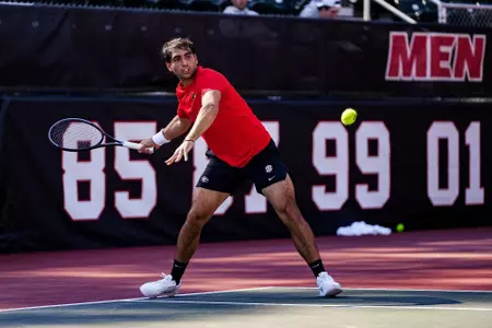 Sophomore Gabriele Vulpitta during a singles match at the Dan Magill Tennis Complex in Athens, Georgia on Thursday, November 6, 2025.