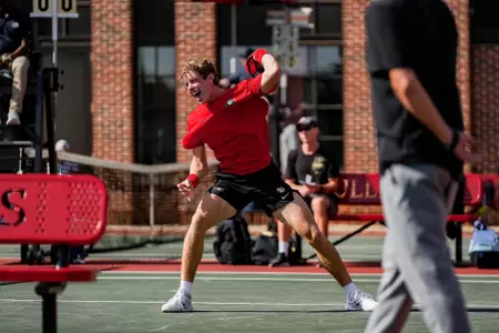 Senior Will Jansen celebrates after qualifying for the NCAA Singles Tournament on Sunday, November 9, 2025 at the Dan Magill Tennis Complex.