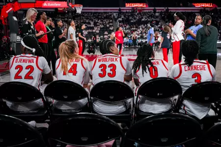 Georgia forward Vera Ojenuwa (22), Georgia guard Rylie Theuerkauf (14), Georgia forward Mia Woolfolk (33), Georgia guard Trinity Turner (0), Georgia guard Dani Carnegie (3) before Georgia’s game against North Carolina A&T at Stegeman Coliseum in Athens, Ga., on Monday, Dec. 15, 2025. (Tony Walsh/UGAAA)