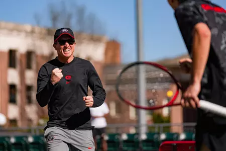 Georgia assistant coach Bruno Tiberti during Georgia’s match against Tennessee at the Dan Magill Tennis Complex in Athens, Ga., on Monday, Feb. 24, 2025. (Tony Walsh/UGAAA)