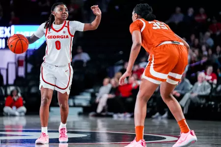 Georgia guard Trinity Turner (0) during Georgia’s game against Texas at Stegeman Coliseum in Athens, Ga., on Monday, Feb. 24, 2025. (Tony Walsh/UGAAA)