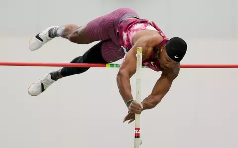 STATEN ISLAND, NEW YORK - FEBRUARY 23: Kyle Garland competes in the Heptathlon Men's Pole Vault during the 2025 USATF Indoor Championships presented by Prevagenon at the Ocean Breeze Athletic Complex on February 23, 2025 in Staten Island, New York. (Photo by Al Bello/Getty Images)
