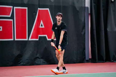 Senior Thomas Paulsell during a singles match against Georgia Tech at the Lindsey Hopkins Indoor Facility on Tuesday, February. 4, 2025.