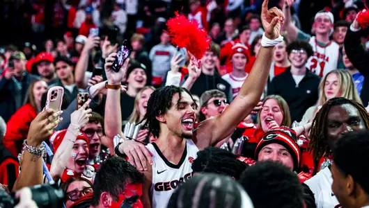 Asa Newell celebrates Georgia's win over No. 6/7 Kentucky on Jan. 7, 2025. (photo by Conor Dillon)