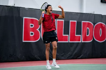 Sophomore Niels Ratiu during a doubles match against Virginia in the Lindsey Hopkins Indoor Facility on Friday, February 7, 2025.