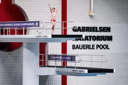 Georgia diver Rhett Hopkins during the 2025 SEC Swimming & Diving Championships at Bauerle Pool inside Gabrielsen Natatorium at the Ramsey Student Center in Athens, Ga., on Saturday, Feb. 22, 2025. (Tony Walsh/UGAAA)