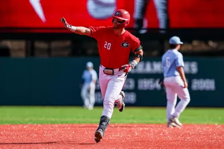 Georgia infielder/outfielder Ryland Zaborowski (20) during Georgia’s game against Columbia at Foley Field in Athens, Ga., on Saturday, March 8, 2025. (Conor Dillon/UGAAA)