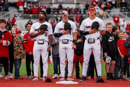 Georgia outfielder/infielder Robbie Burnett (10), Georgia infielder Kolby Branch (9), Georgia infielder Slate Alford (44) before Georgia’s game against Columbia at Foley Field in Athens, Ga., on Sunday, March 9, 2025. (Conor Dillon/UGAAA)