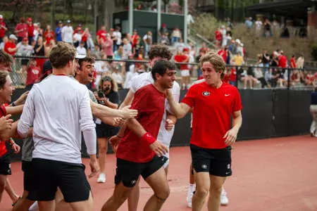 Freshman Gabriele Vulpitta following his match-clinching win against No. 16 Mississippi State on Saturday, Mar. 15, 2025 at the Dan Magill Tennis Complex.