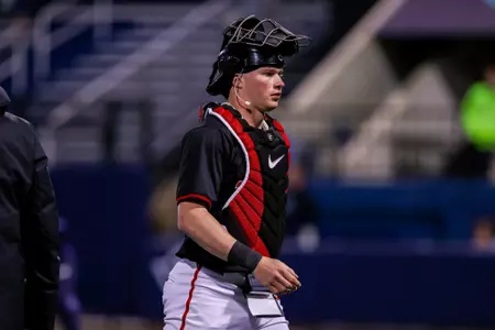 Georgia catcher Daniel Jackson (25) during Georgia’s game against UNC Wilmington at Brooks Field in Wilmington, Nc., on Sunday, Feb. 16, 2025. (Conor Dillon/UGAAA)