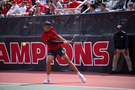 Sophomore Niels Ratiu during a doubles match against No. 16 Mississippi State on Saturday, Mar. 15, 2025 at the Dan Magill Tennis Complex.