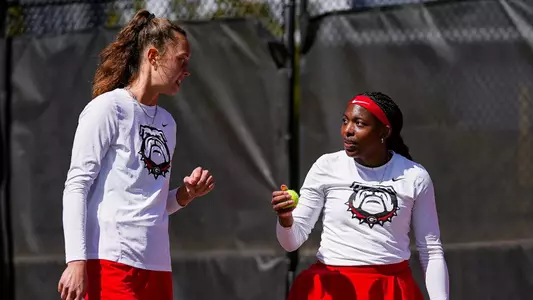 Georgia tennis player Dasha Vidmanova, Georgia tennis player Mell Reasco during Georgia’s match against Florida at Henry Feild Stadium inside the Dan Magill Tennis Complex in Athens, Ga., on Sunday, March 2, 2025. (Tony Walsh/UGAAA)