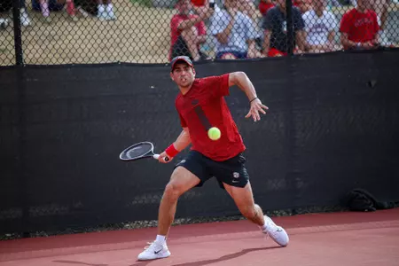 Freshman Gabriele Vulpitta during a singles match against No. 16 Mississippi State on Saturday, Mar. 15, 2025 at the Dan Magill Tennis Complex.