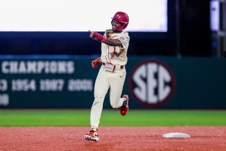 Georgia infielder/outfielder Tre Phelps (1) during Georgia’s game against FGCU at Foley Field in Athens, Ga., on Saturday, March 1, 2025. (Conor Dillon/UGAAA)