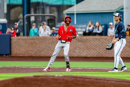 Georgia infielder/outfielder Tre Phelps (1) during Georgia’s game against UNC Wilmington at Brooks Field in Wilmington, Nc., on Saturday, Feb. 15, 2025. (Conor Dillon/UGAAA)