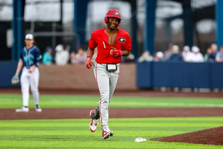 Georgia infielder/outfielder Tre Phelps (1) during Georgia’s game against UNC Wilmington at Brooks Field in Wilmington, Nc., on Saturday, Feb. 15, 2025. (Conor Dillon/UGAAA)