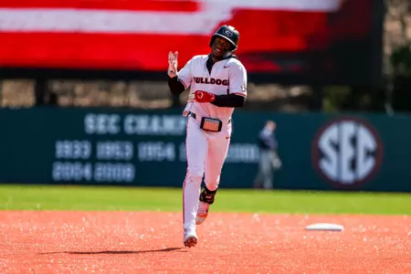 Georgia infielder/outfielder Tre Phelps (1) during Georgia’s game against UIC at Foley Field in Athens, Ga., on Sunday, Feb. 23, 2025. (Conor Dillon/UGAAA)