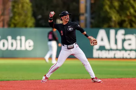 Georgia infielder Kolby Branch (9) during Georgia’s game against UIC at Foley Field in Athens, Ga., on Friday, Feb. 21, 2025. (Conor Dillon/UGAAA)