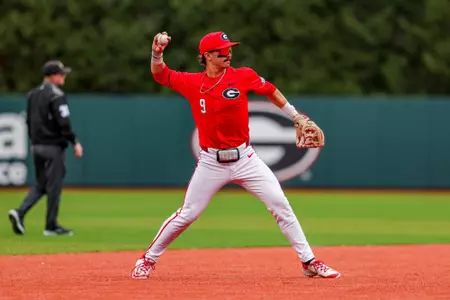 Georgia infielder Kolby Branch (9) during Georgia’s game against UIC at Foley Field in Athens, Ga., on Saturday, Feb. 22, 2025. (Conor Dillon/UGAAA)