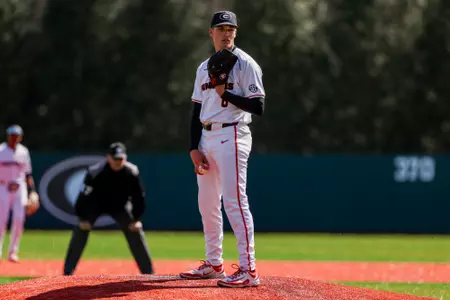 Georgia pitcher Jordan Stephens (6) during Georgia’s game against UIC at Foley Field in Athens, Ga., on Sunday, Feb. 23, 2025. (Conor Dillon/UGAAA)
