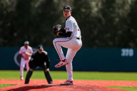 Georgia pitcher Jordan Stephens (6) during Georgia’s game against UIC at Foley Field in Athens, Ga., on Sunday, Feb. 23, 2025. (Conor Dillon/UGAAA)